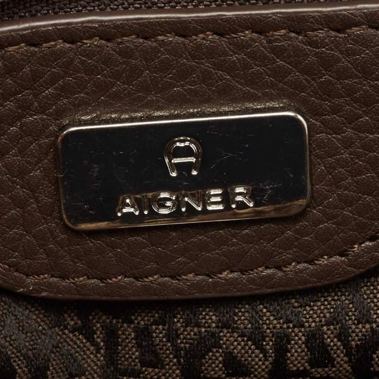 Pre Owned Aigner Beige/Brown Monogram Canvas and Leather Side Zip Hobo