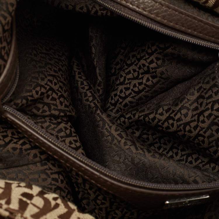 Pre Owned Aigner Beige/Brown Monogram Canvas and Leather Side Zip Hobo