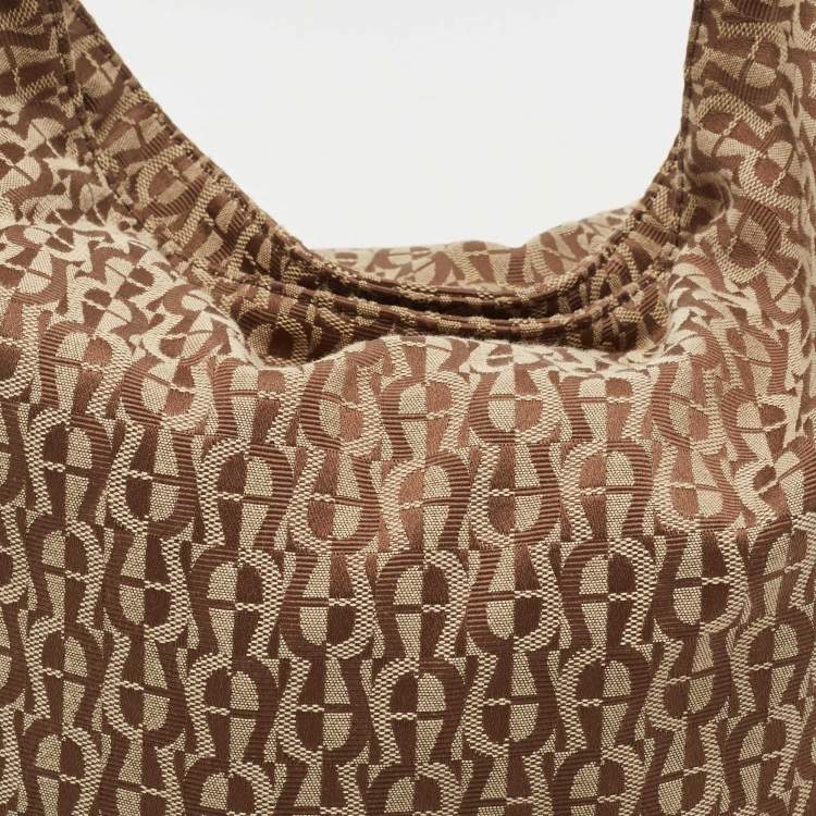 Pre Owned Aigner Beige/Brown Monogram Canvas and Leather Side Zip Hobo