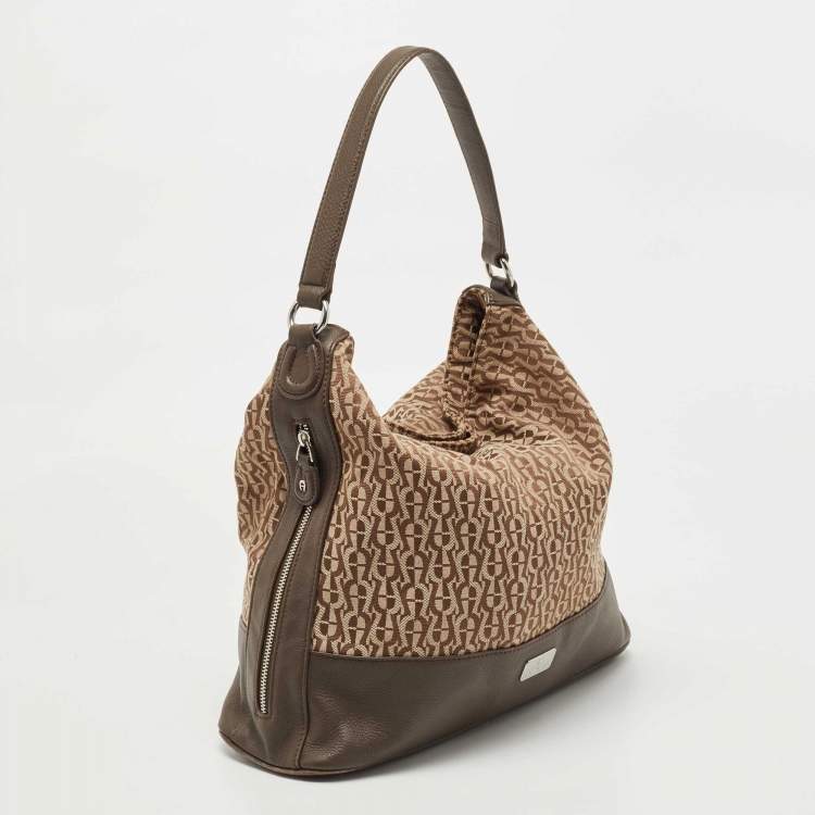 Pre Owned Aigner Beige/Brown Monogram Canvas and Leather Side Zip Hobo