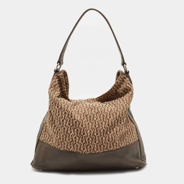 Pre Owned Aigner Beige/Brown Monogram Canvas and Leather Side Zip Hobo