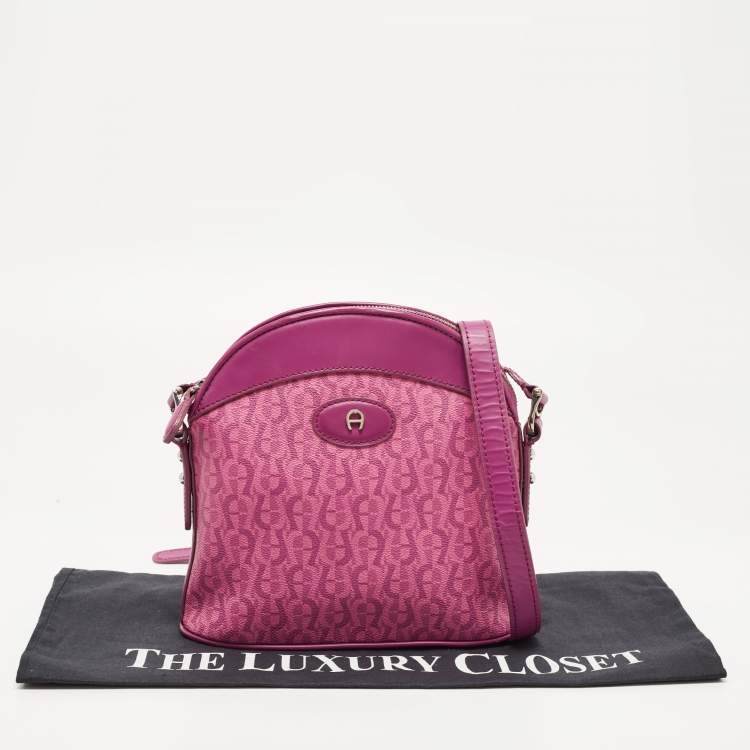 Pre Owned Aigner Magenta Monogram Coated Canvas and Leather Dome Crossbody Bag
