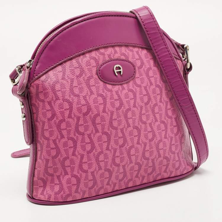 Pre Owned Aigner Magenta Monogram Coated Canvas and Leather Dome Crossbody Bag