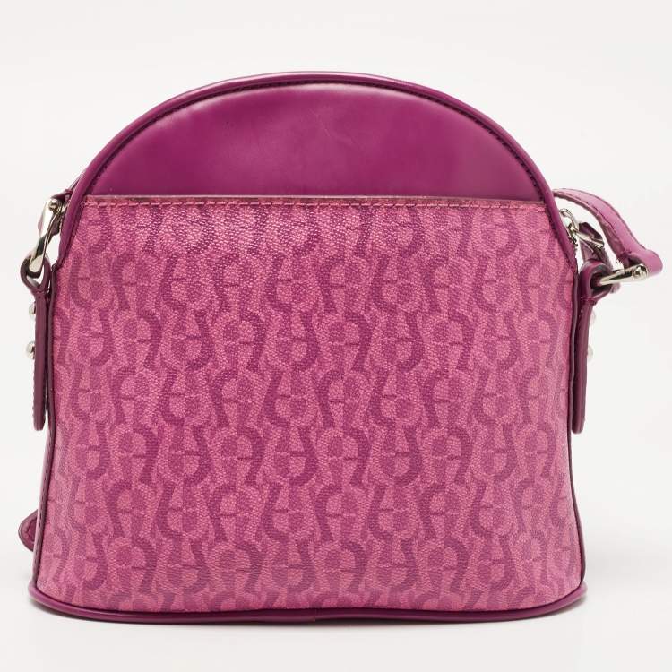 Pre Owned Aigner Magenta Monogram Coated Canvas and Leather Dome Crossbody Bag