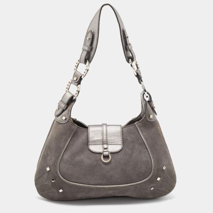 Pre Owned Aigner Grey Studded Suede and Leather Hobo