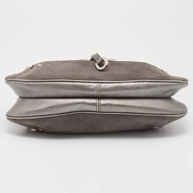 Pre Owned Aigner Grey Studded Suede and Leather Hobo