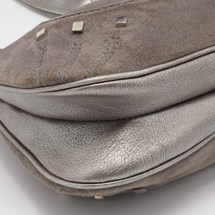 Pre Owned Aigner Grey Studded Suede and Leather Hobo