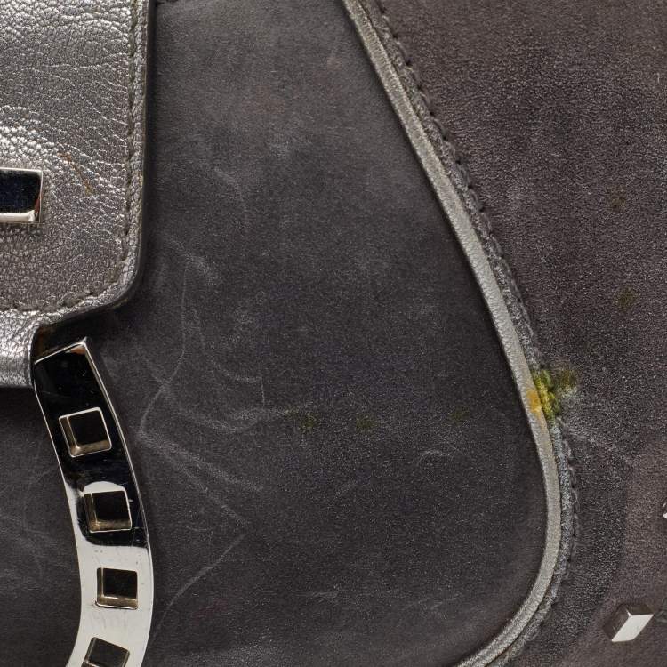 Pre Owned Aigner Grey Studded Suede and Leather Hobo