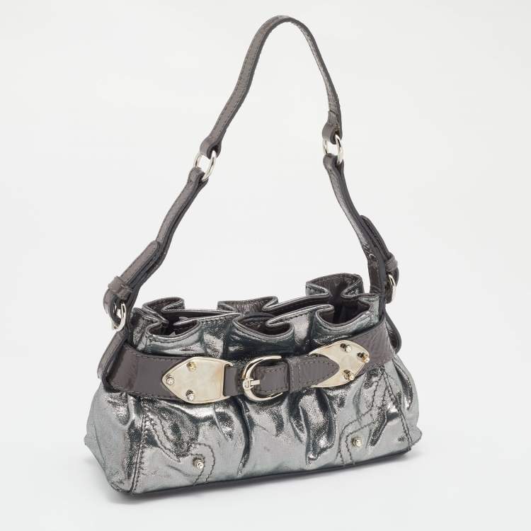 Pre Owned Aigner Metallic Grey Shimmering Patent and Leather Baguette Bag