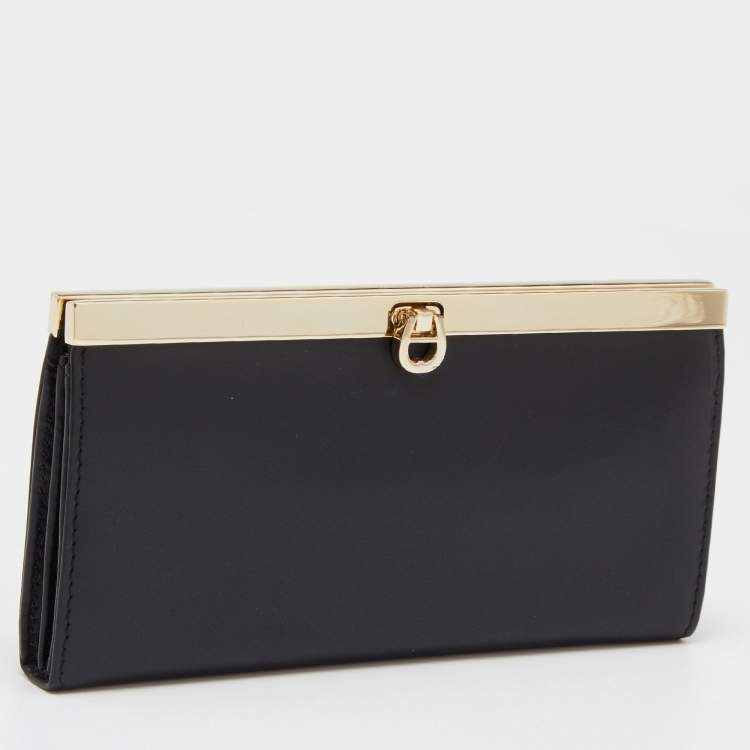 Pre Owned Aigner Black Leather Metal Frame Continental Wallet
