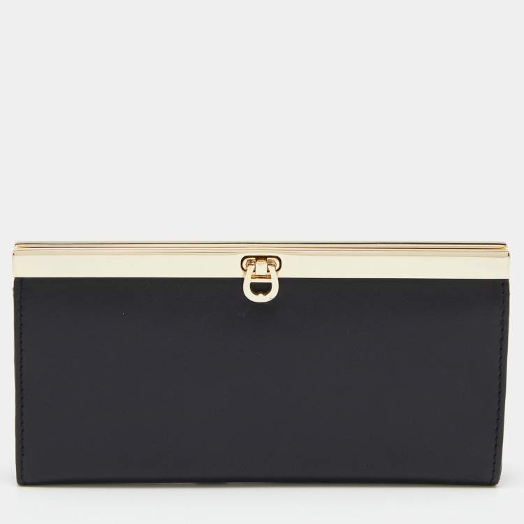 Pre Owned Aigner Black Leather Metal Frame Continental Wallet