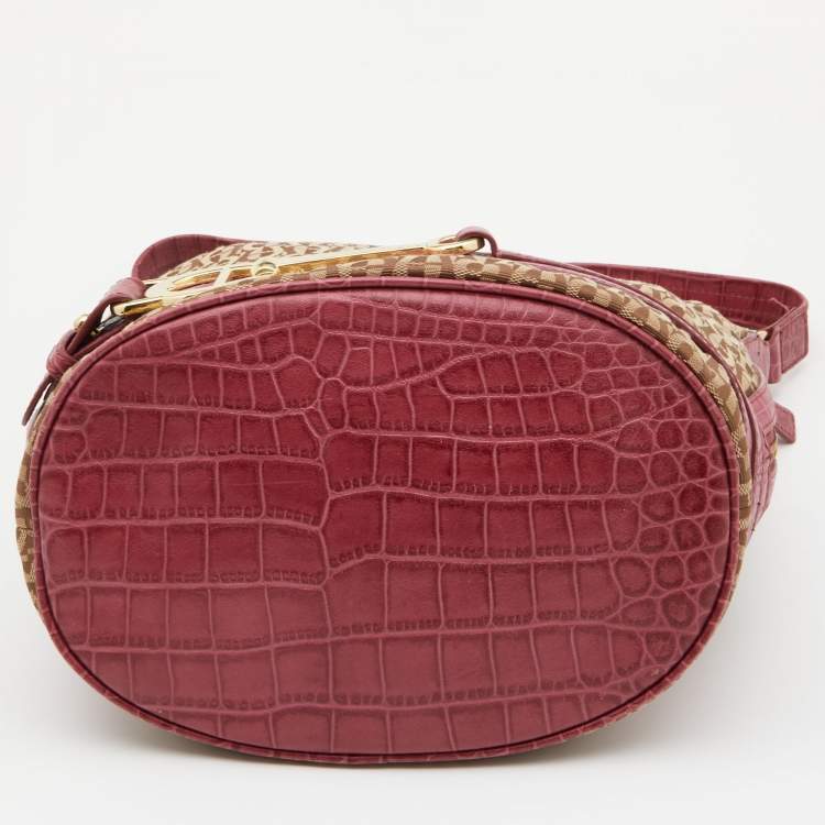 Pre Owned Aigner Beige/Pink Signature Canvas and Croc Embossed Leather Hobo