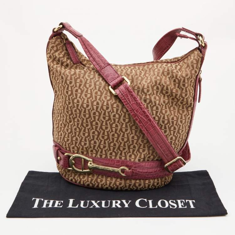 Pre Owned Aigner Beige/Pink Signature Canvas and Croc Embossed Leather Hobo