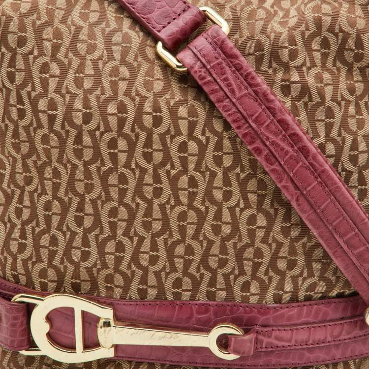 Pre Owned Aigner Beige/Pink Signature Canvas and Croc Embossed Leather Hobo