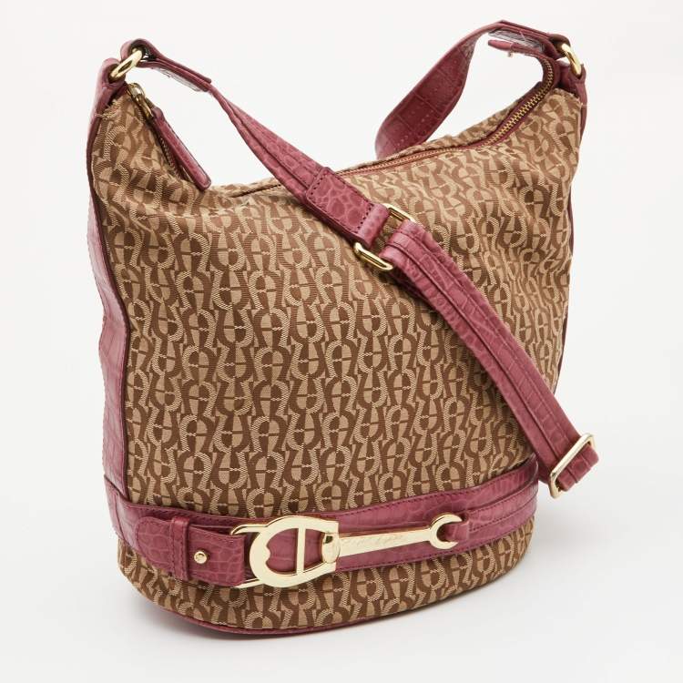 Pre Owned Aigner Beige/Pink Signature Canvas and Croc Embossed Leather Hobo