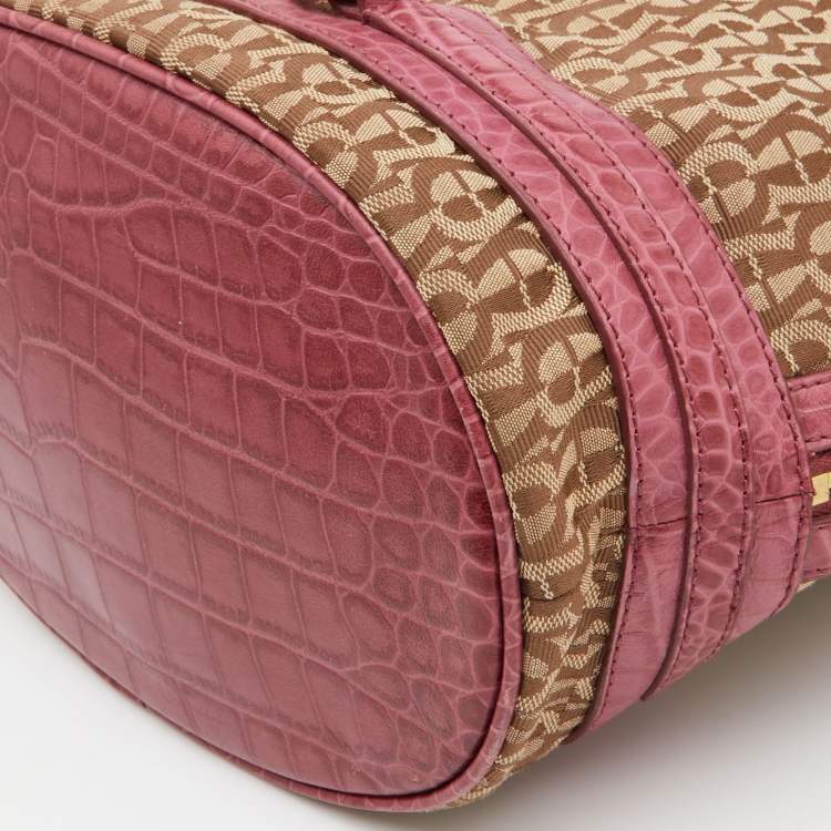 Pre Owned Aigner Beige/Pink Signature Canvas and Croc Embossed Leather Hobo