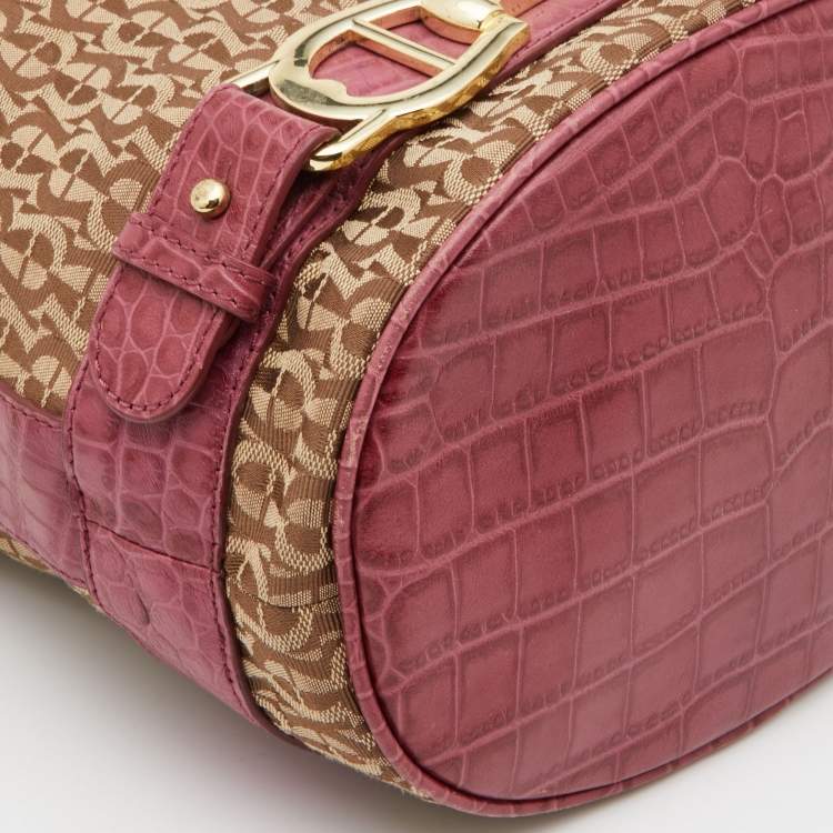 Pre Owned Aigner Beige/Pink Signature Canvas and Croc Embossed Leather Hobo