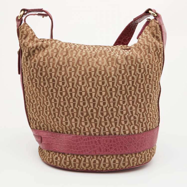 Pre Owned Aigner Beige/Pink Signature Canvas and Croc Embossed Leather Hobo