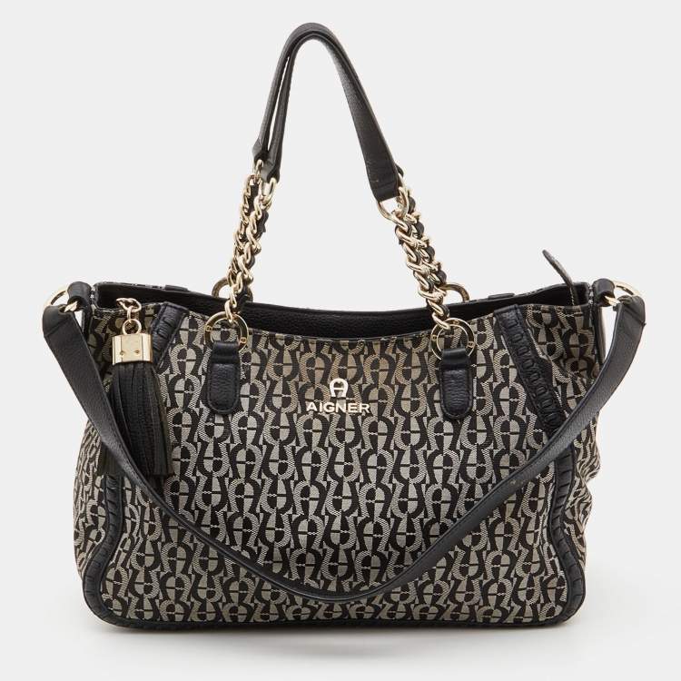 Aigner Grey Black Signature Canvas and Leather Tote Aigner TLC