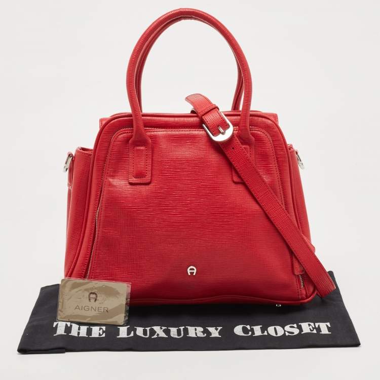 Pre Owned Aigner Red Leather Double Zip Satchel