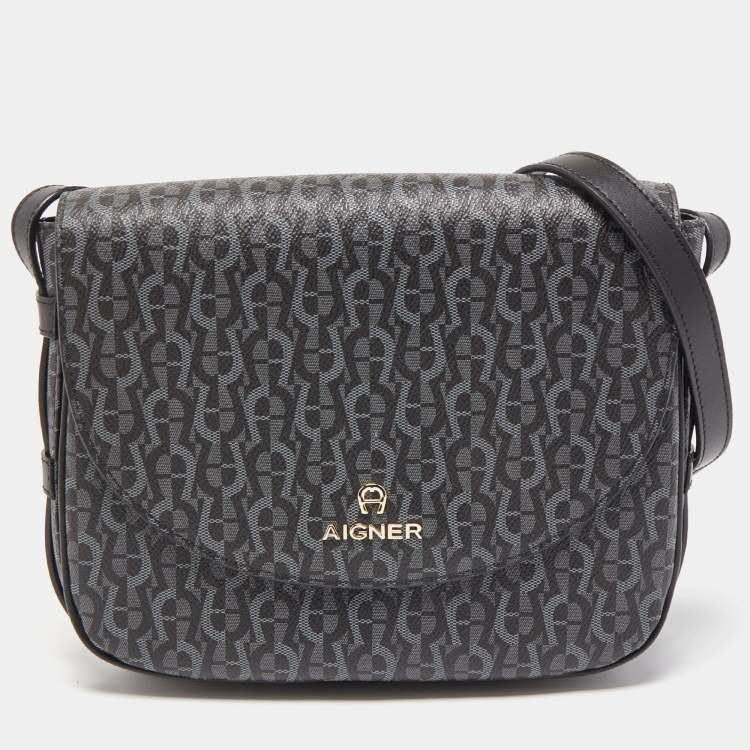 Pre Owned Aigner Black/Grey Signature Coated Canvas and Leather Flap Crossbody Bag 