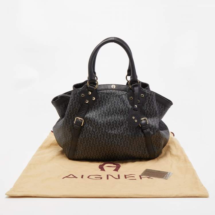 Pre Owned Aigner Black/Dark Grey Signature Coated Canvas and Leather Tote