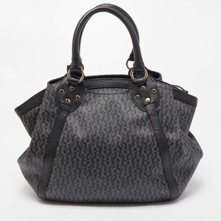 Pre Owned Aigner Black/Dark Grey Signature Coated Canvas and Leather Tote