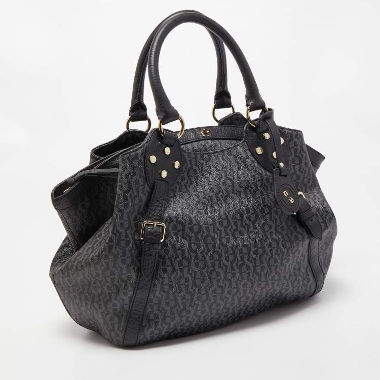 Pre Owned Aigner Black/Dark Grey Signature Coated Canvas and Leather Tote