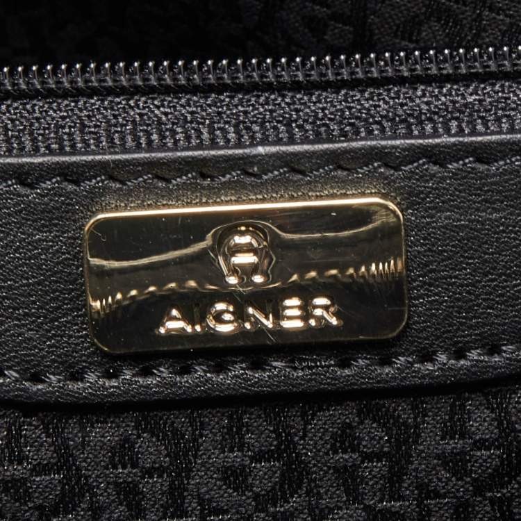 Pre Owned Aigner Black/Dark Grey Signature Coated Canvas and Leather Tote