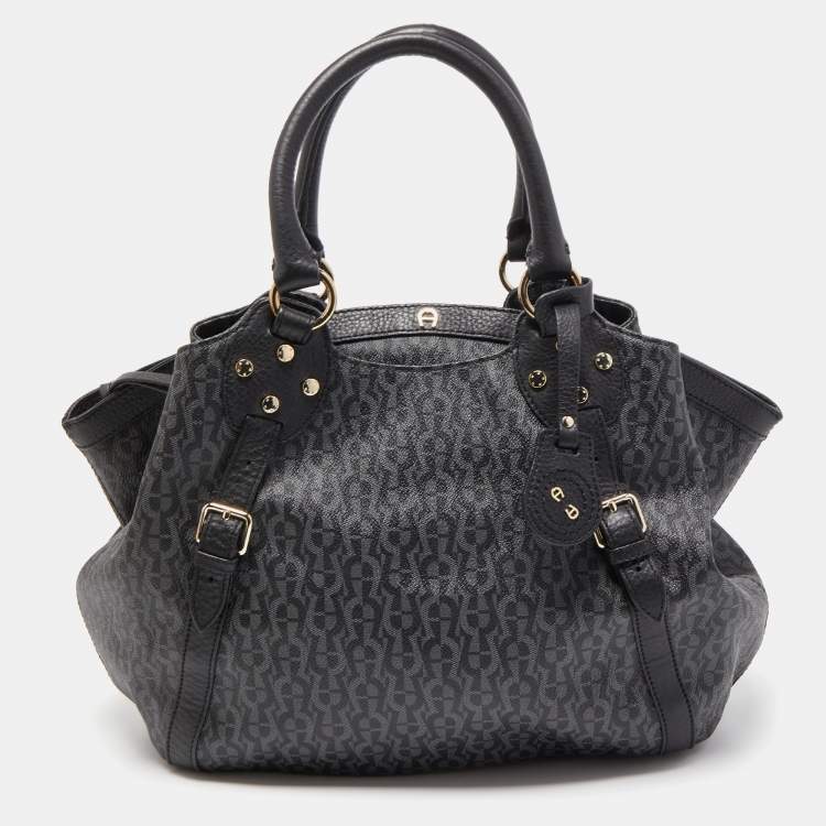 Pre Owned Aigner Black/Dark Grey Signature Coated Canvas and Leather Tote