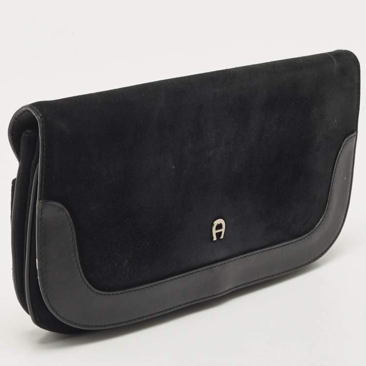 Pre Owned Aigner Black Suede And Leather Logo Flap Clutch