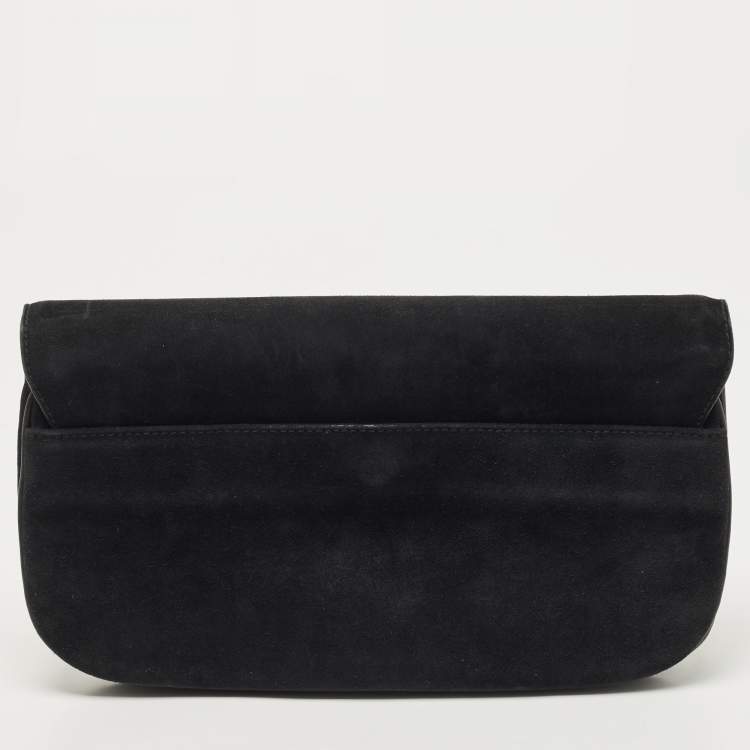 Pre Owned Aigner Black Suede And Leather Logo Flap Clutch