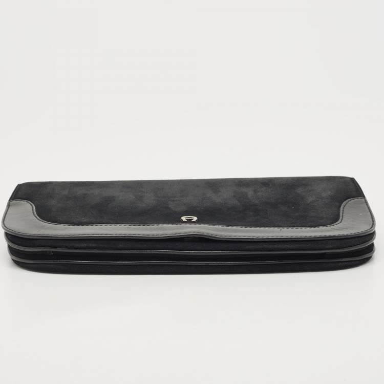 Pre Owned Aigner Black Suede And Leather Logo Flap Clutch