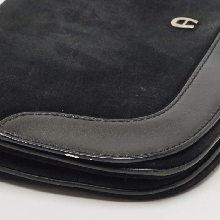 Pre Owned Aigner Black Suede And Leather Logo Flap Clutch