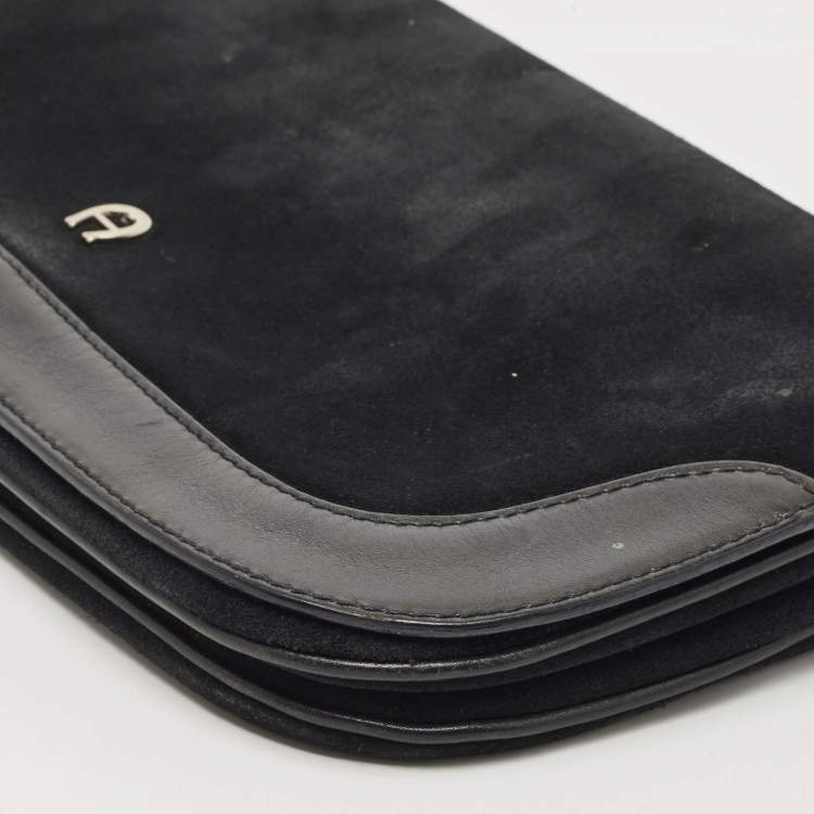Pre Owned Aigner Black Suede And Leather Logo Flap Clutch