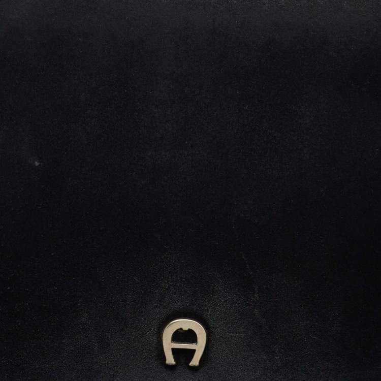 Pre Owned Aigner Black Suede And Leather Logo Flap Clutch