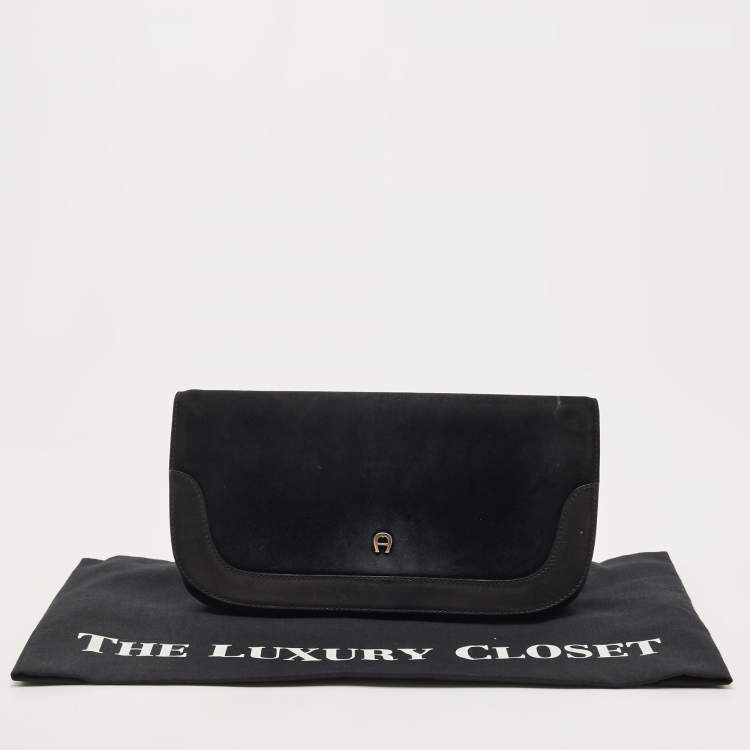 Pre Owned Aigner Black Suede And Leather Logo Flap Clutch