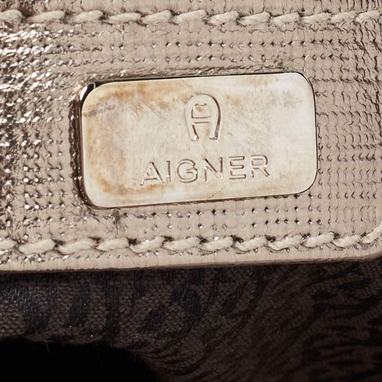 Pre Owned Aigner Gold Laminated Canvas Top Handle Bag