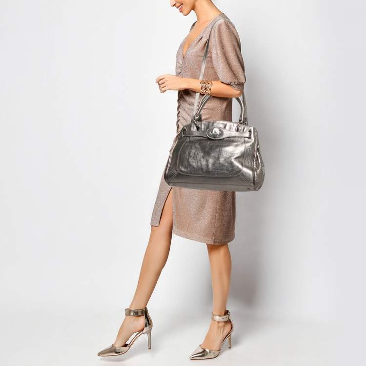 Pre Owned Aigner Gold Laminated Canvas Top Handle Bag