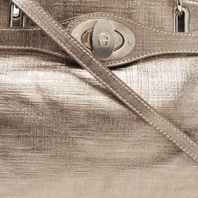 Pre Owned Aigner Gold Laminated Canvas Top Handle Bag