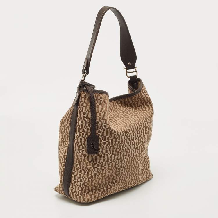 Pre Owned Aigner Beige/Brown Signature Canvas and Leather Hobo