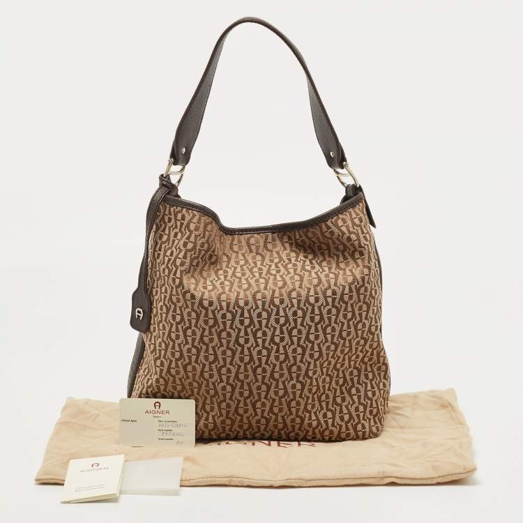 Pre Owned Aigner Beige/Brown Signature Canvas and Leather Hobo