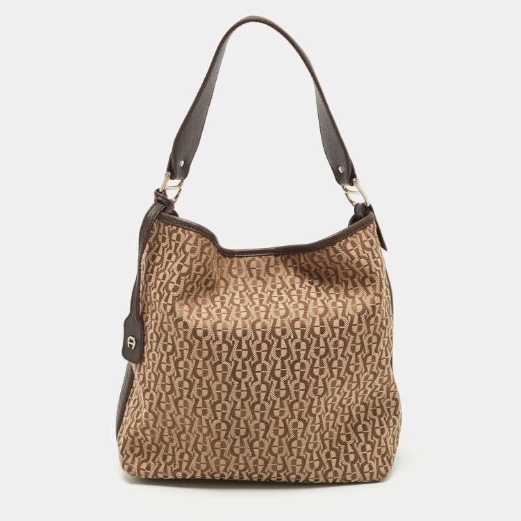 Pre Owned Aigner Beige/Brown Signature Canvas and Leather Hobo