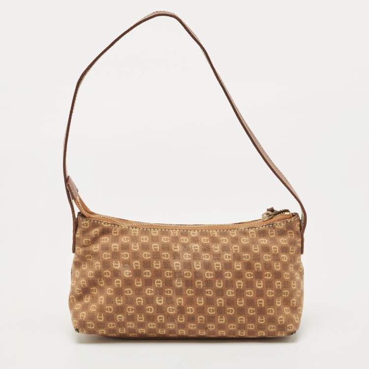 Pre Owned Aigner Brown Monogram Canvas And Leather Shoulder Bag