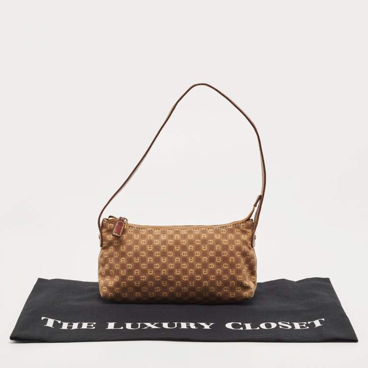 Pre Owned Aigner Brown Monogram Canvas And Leather Shoulder Bag