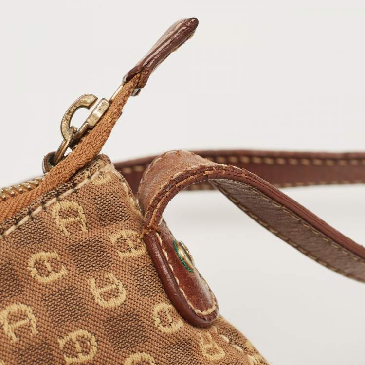 Pre Owned Aigner Brown Monogram Canvas And Leather Shoulder Bag