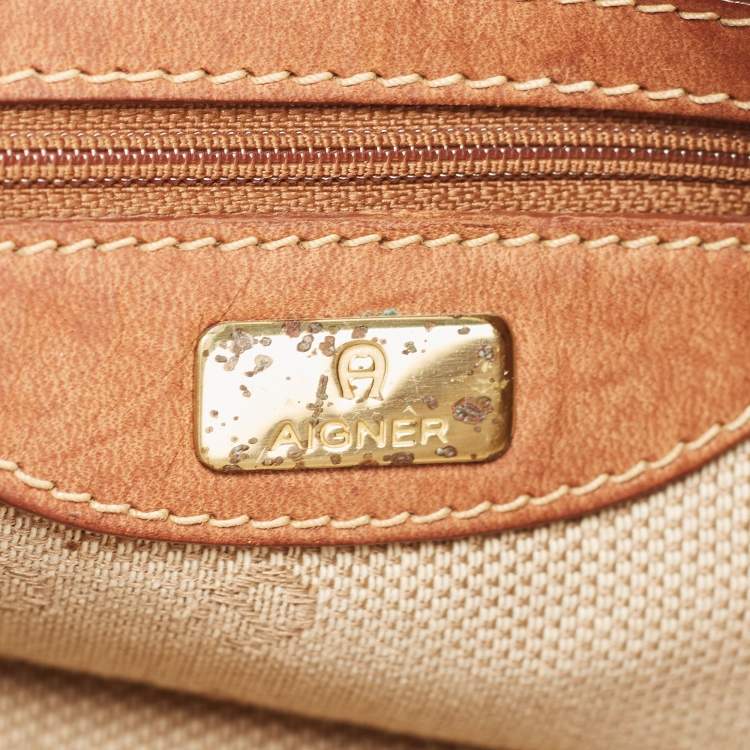 Pre Owned Aigner Brown Monogram Canvas And Leather Shoulder Bag