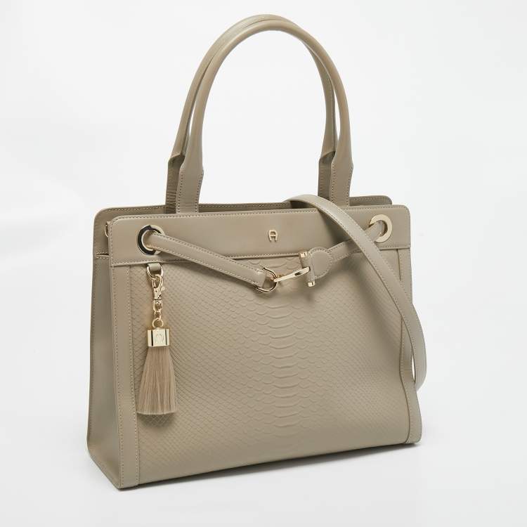 Pre Owned Aigner Grey Python Embossed Leather Cavallina Tote