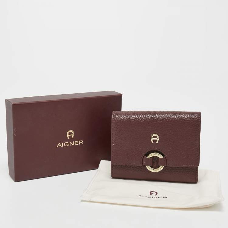 Pre Owned Aigner Burgundy Leather Logo Trifold Wallet