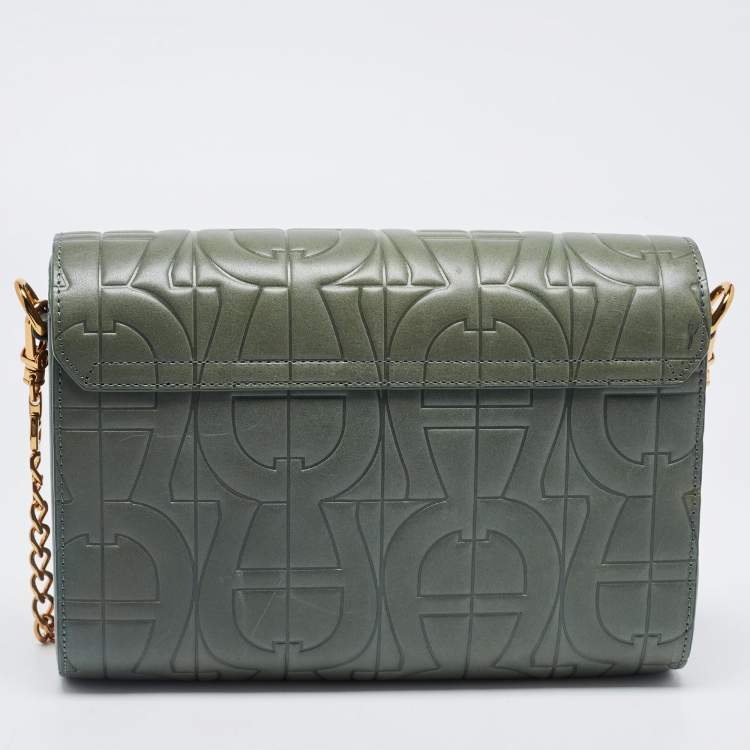 Pre Owned Aigner Green Logo Embossed Leather Pria Chain Shoulder Bag